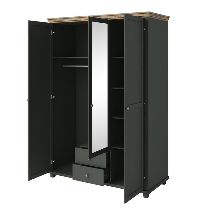Armadio 150x220 con 3 porte e 2 cassetti. Colore verde kaki e rovere. Collezione ASSIA.