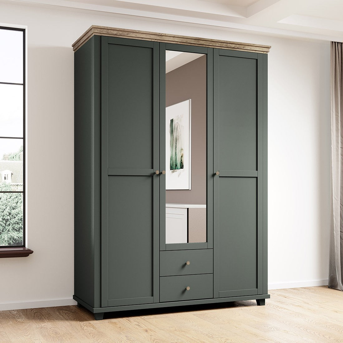 Armadio 150x220 con 3 porte e 2 cassetti. Colore verde kaki e rovere. Collezione ASSIA.