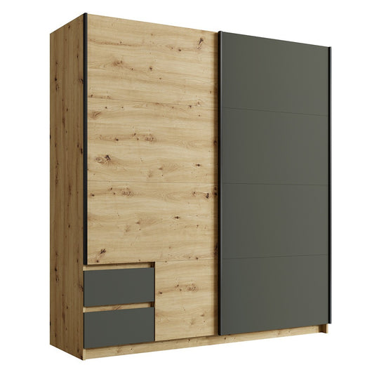 Armadio 180cm con 2 porte scorrevoli e 2 cassetti color quercia e grigio antracite. Collezione ARIELLE