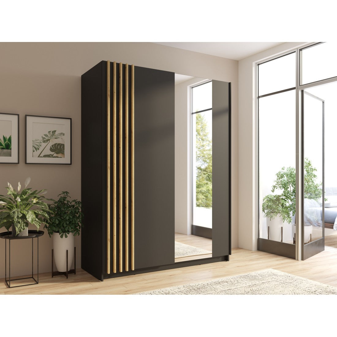 Armadio con 2 porte scorrevoli 150 cm - nero e rovere - Collezione VARIA