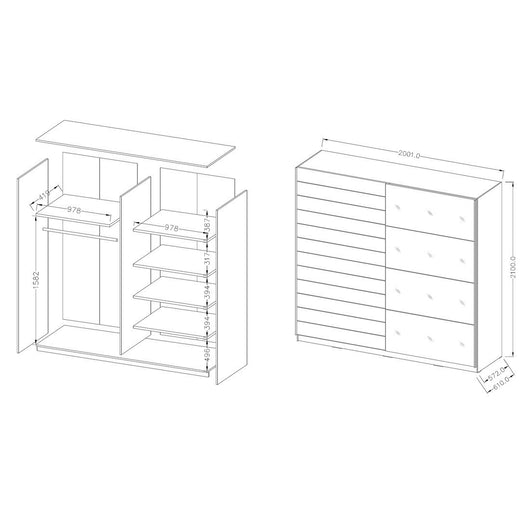 Armadio con 2 porte scorrevoli 200cm colore rovere scuro e nero. Collezione FLOYD