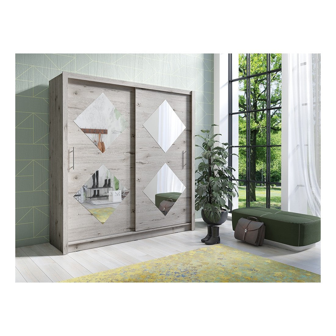 Armadio con 2 porte scorrevoli 205 cm con 4 specchi quadrati - rovere Wellington - Collezione OZZULA