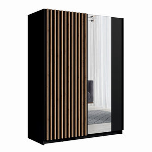 Armadio con 2 porte scorrevoli e specchio 150 cm - nero e rovere - Collezione STRANO