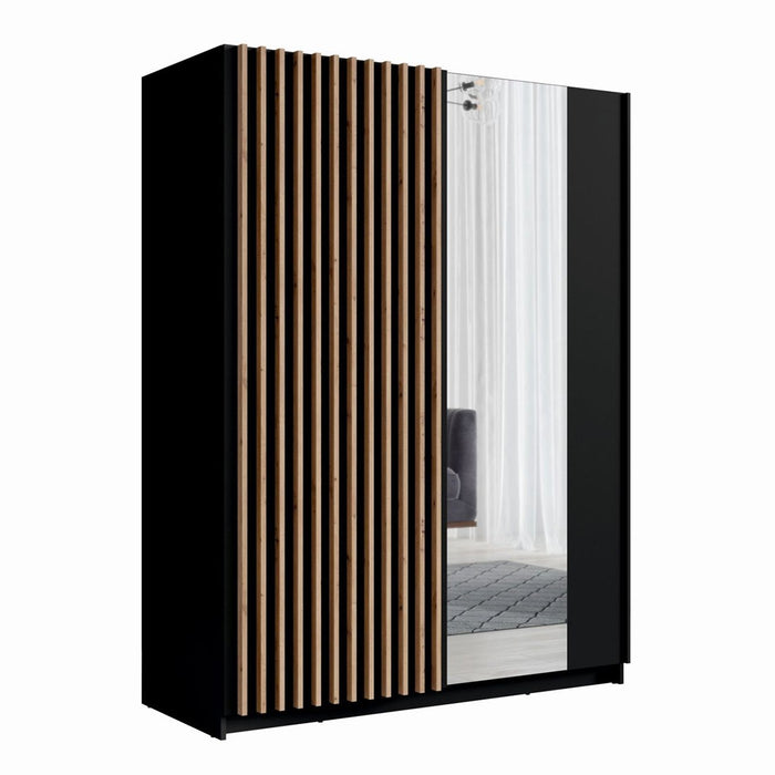 Armadio con 2 porte scorrevoli e specchio 200 cm - nero e rovere - Collezione STRANO