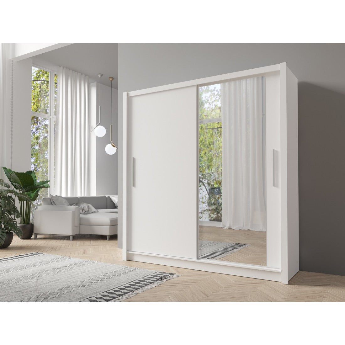 Armadio con 2 porte scorrevoli e specchio 205 cm - bianco - Collezione OZZULA