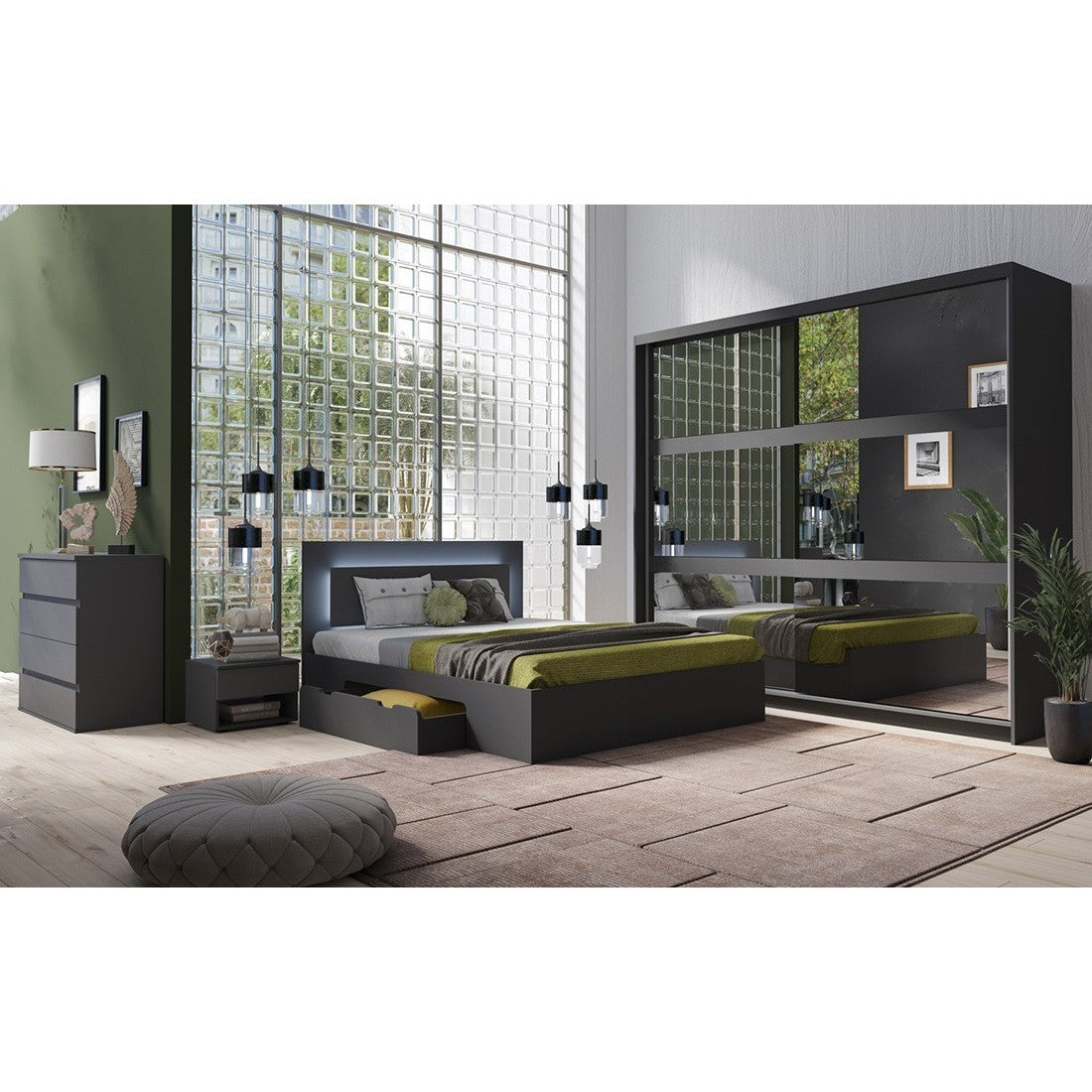 Armadio con 2 porte scorrevoli con specchio 230 cm - grigio grafite - Collezione NOFI