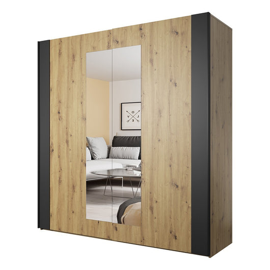 Armadio 200cm. 2 porte scorrevoli con specchi colore quercia chiara e nero. Collezione FOX