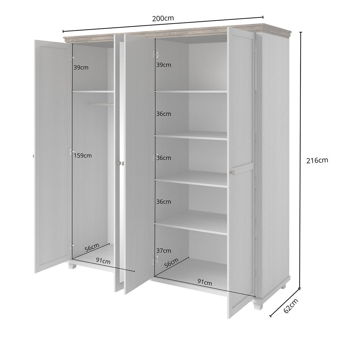 Armadio 200x220 con 4 porte. Colori bianco e rovere. Collezione ASSIA