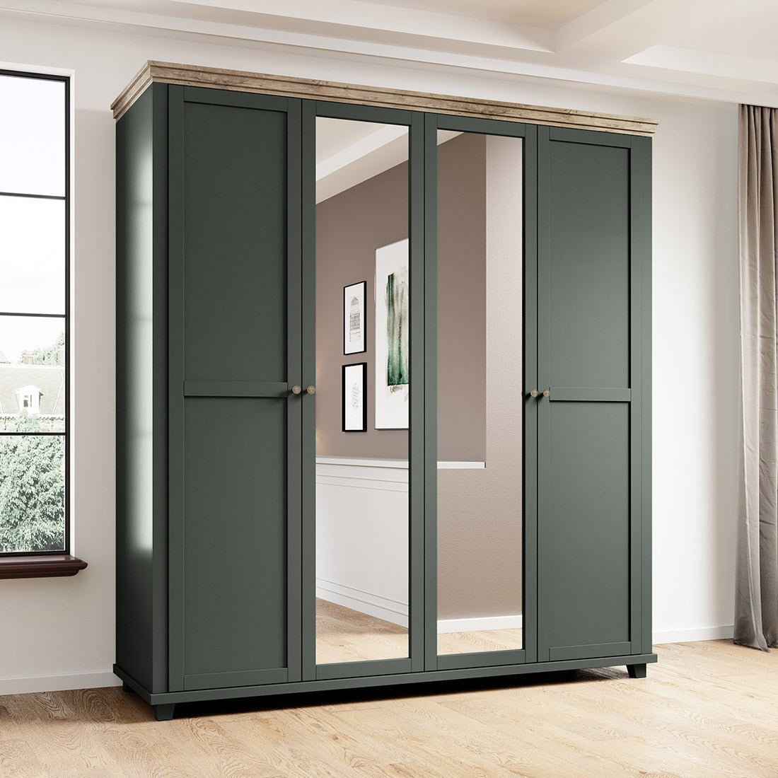 Armadio 200x220 con 4 porte. Color verde kaki e quercia. Collezione ASSIA.