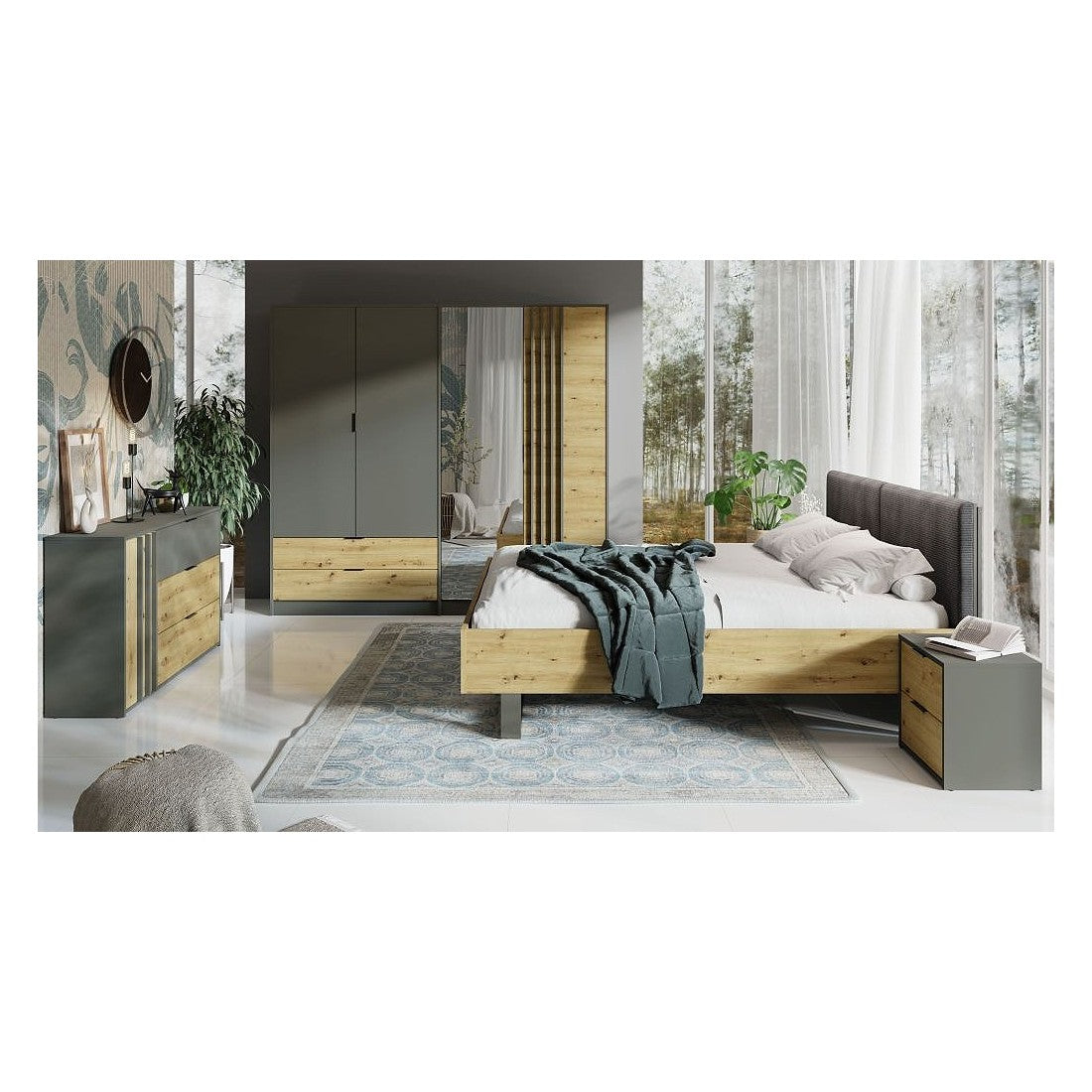 Armadio 220cm con 4 porte e 2 cassetti color grigio grafite e rovere. Collezione IZO