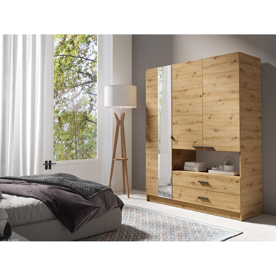 Armadio a 3 ante MEIJE - Design moderno con specchio e nicchia a vista