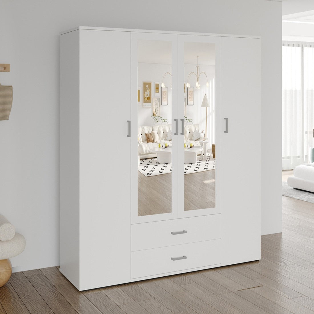 Armadio a 4 ante con 2 specchi TOM - Dimensioni H185 x L160 x P52 cm - Colore bianco - Stile design