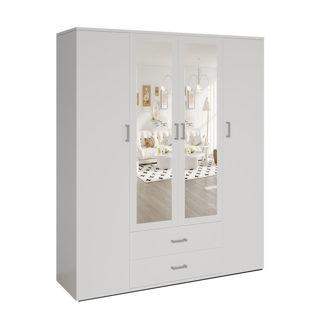 Armadio a 4 ante con 2 specchi TOM - Dimensioni H185 x L160 x P52 cm - Colore bianco - Stile design