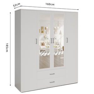 Armadio a 4 ante con 2 specchi TOM - Dimensioni H185 x L160 x P52 cm - Colore bianco - Stile design