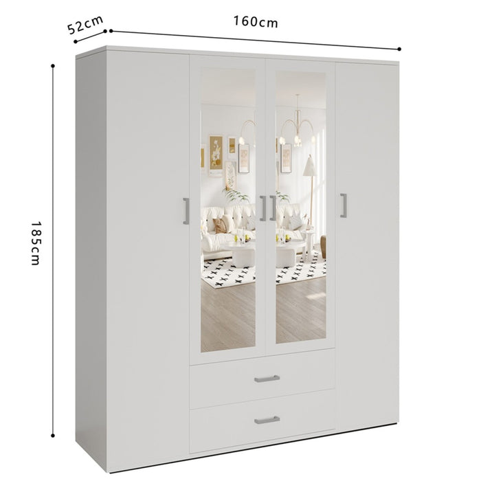 Armadio a 4 ante con 2 specchi TOM - Dimensioni H185 x L160 x P52 cm - Colore bianco - Stile design