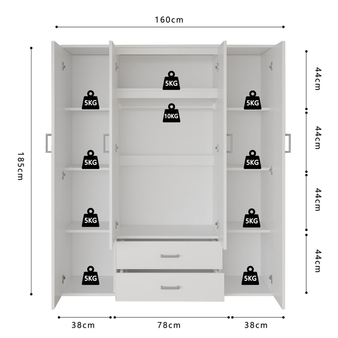 Armadio a 4 ante con 2 specchi TOM - Dimensioni H185 x L160 x P52 cm - Colore bianco - Stile design