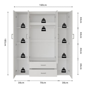 Armadio a 4 ante con 2 specchi TOM - Dimensioni H185 x L160 x P52 cm - Colore bianco - Stile design