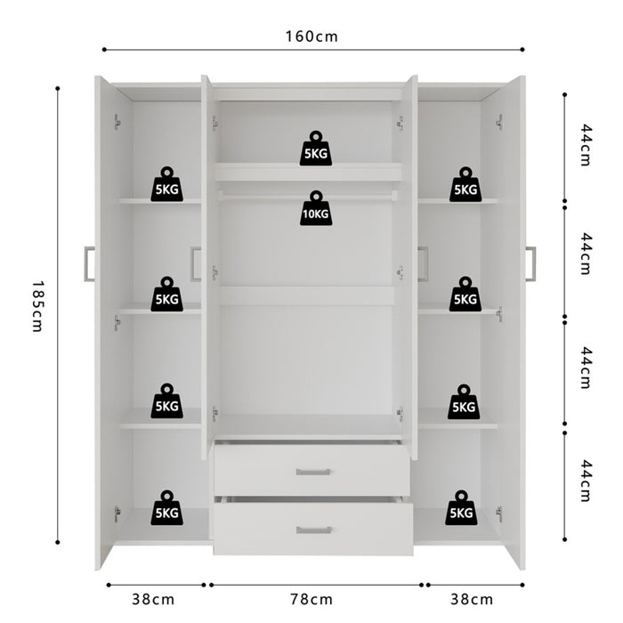 Armadio a 4 ante con 2 specchi TOM - Dimensioni H185 x L160 x P52 cm - Colore bianco - Stile design