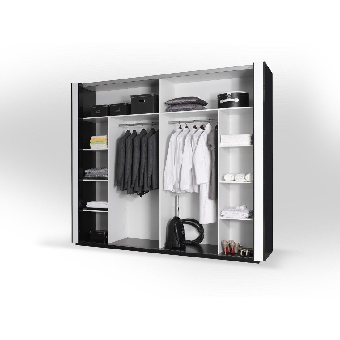 Armadio bianco e nero LINA – 220 x 225 x 68 cm con 2 grandi guardaroba e 2 grandi specchi