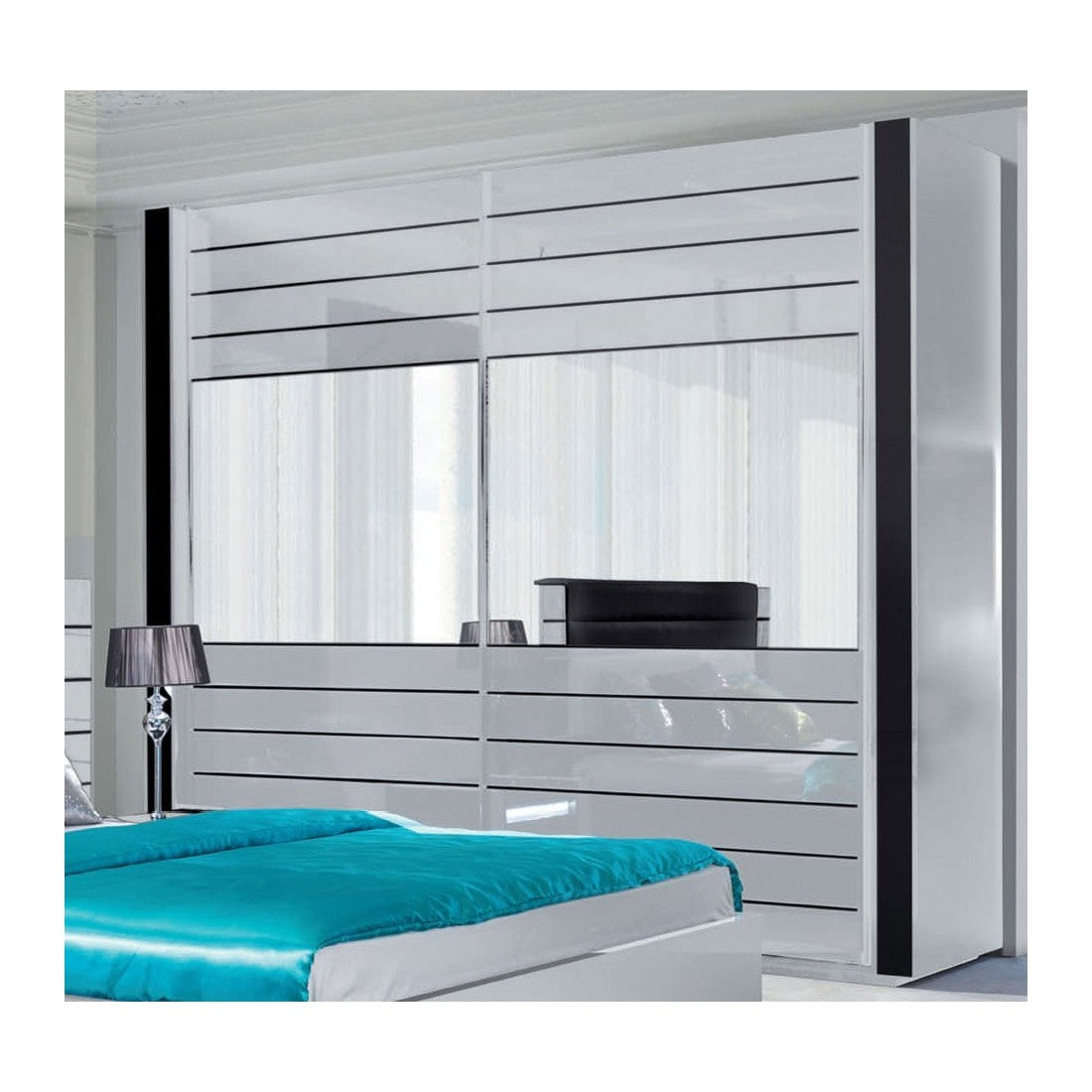 Armadio bianco e nero LINA – 220 x 225 x 68 cm con 2 grandi guardaroba e 2 grandi specchi