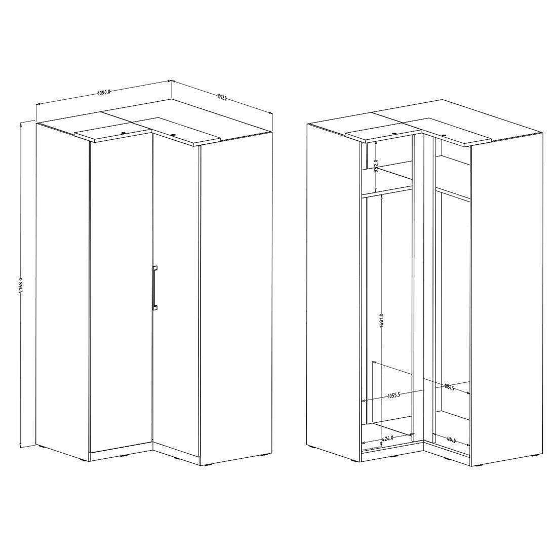 Armadio ad angolo per cabina armadio collezione MODULO colore bianco con LED inclusi.