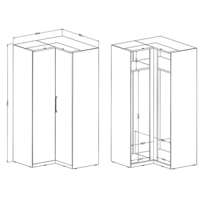 Armadio ad angolo per cabina armadio collezione MODULO colore bianco con LED inclusi.