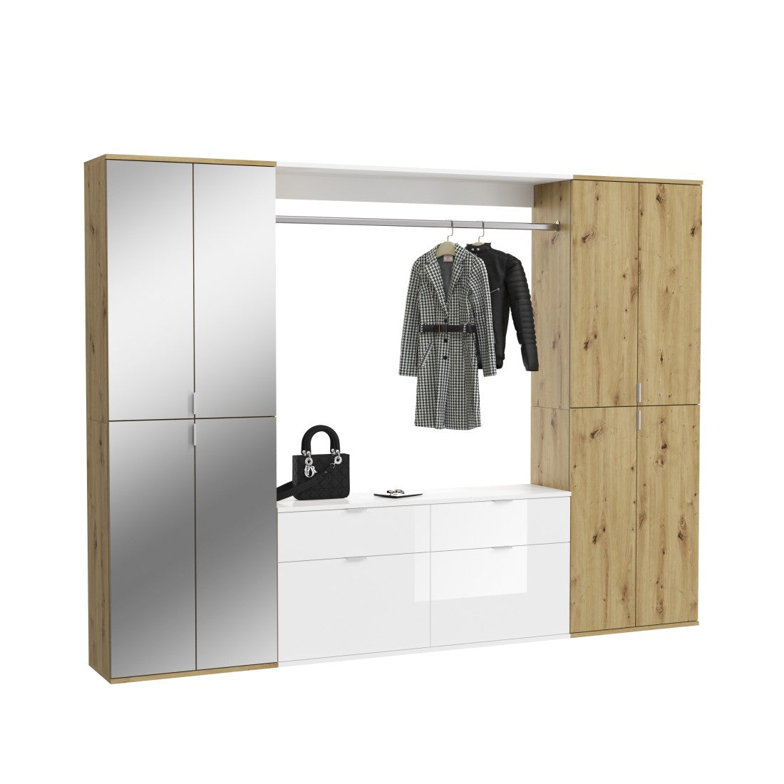 Armadio da stoccaggio 8 porte, 4 specchi, 4 cassetti e un appendiabiti – Bianco e quercia – BODITE