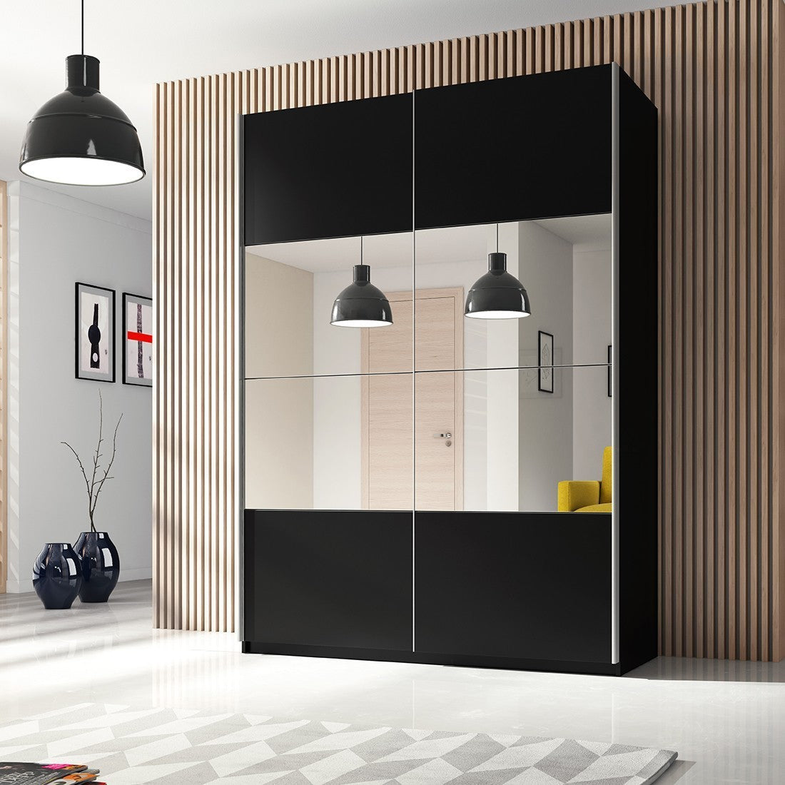 Armadio design 120cm. 2 porte con specchi modulari. Colore nero opaco. Collezione EOS.