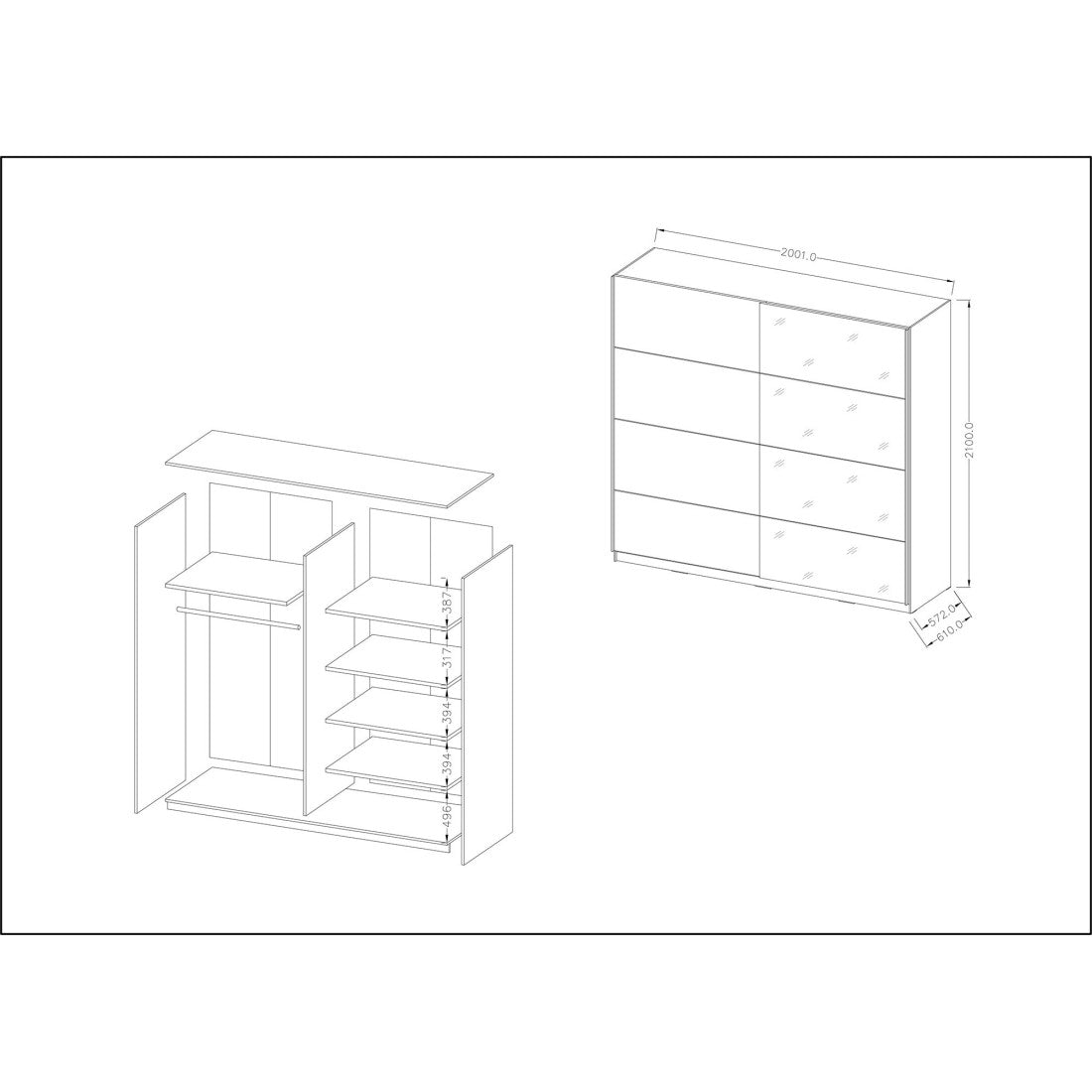 Armadio design 200cm. 2 porte con specchi modulari. Colore bianco opaco. Collezione EOS