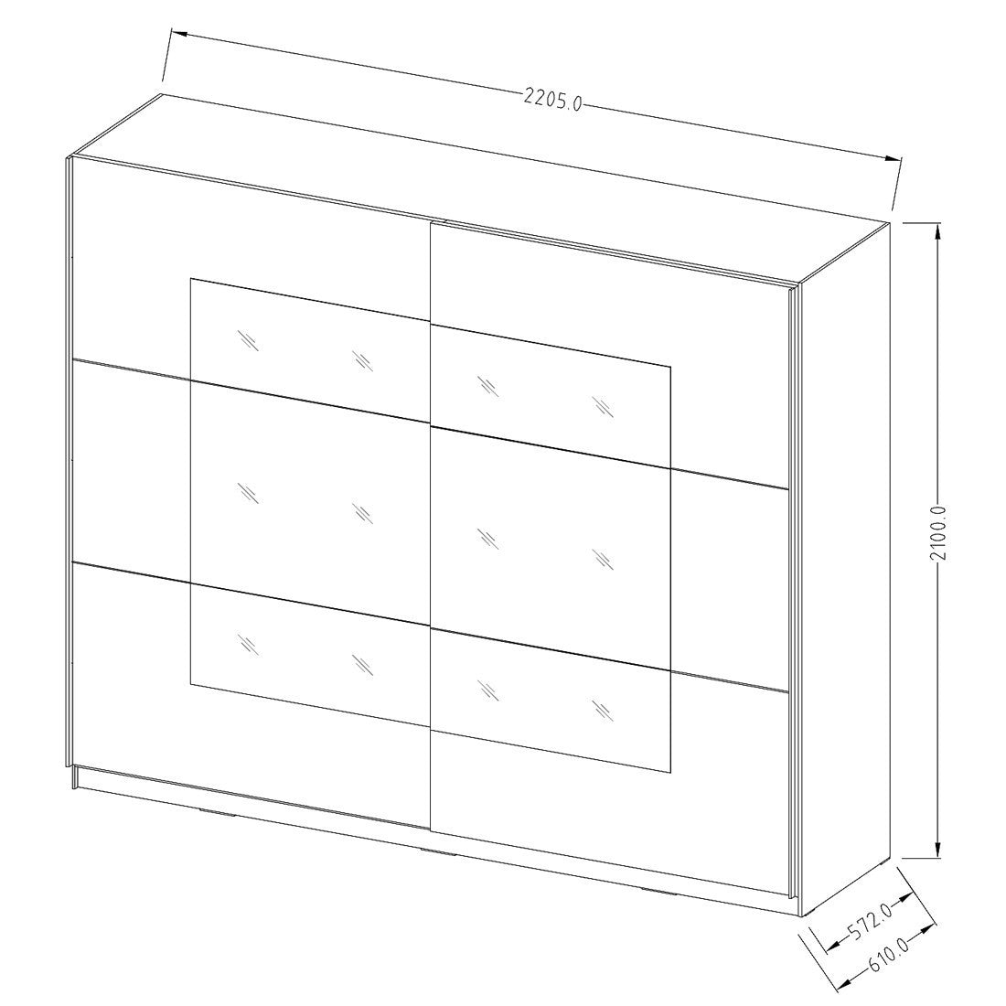 Armadio design 220cm. 2 porte con specchi modulari. Colore bianco opaco. Collezione EOS.