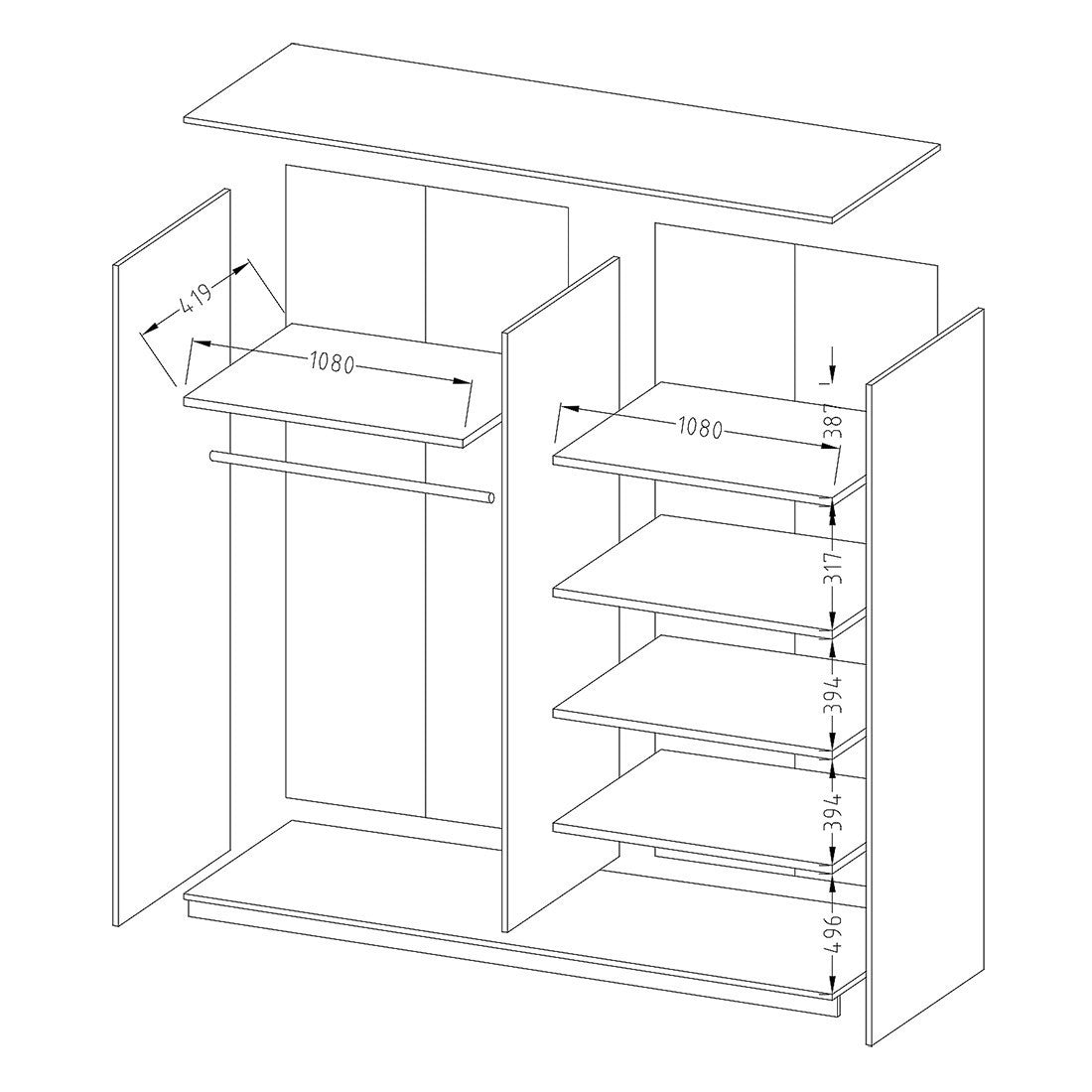 Armadio design 220cm. 2 porte con specchi modulari. Colore bianco opaco. Collezione EOS.
