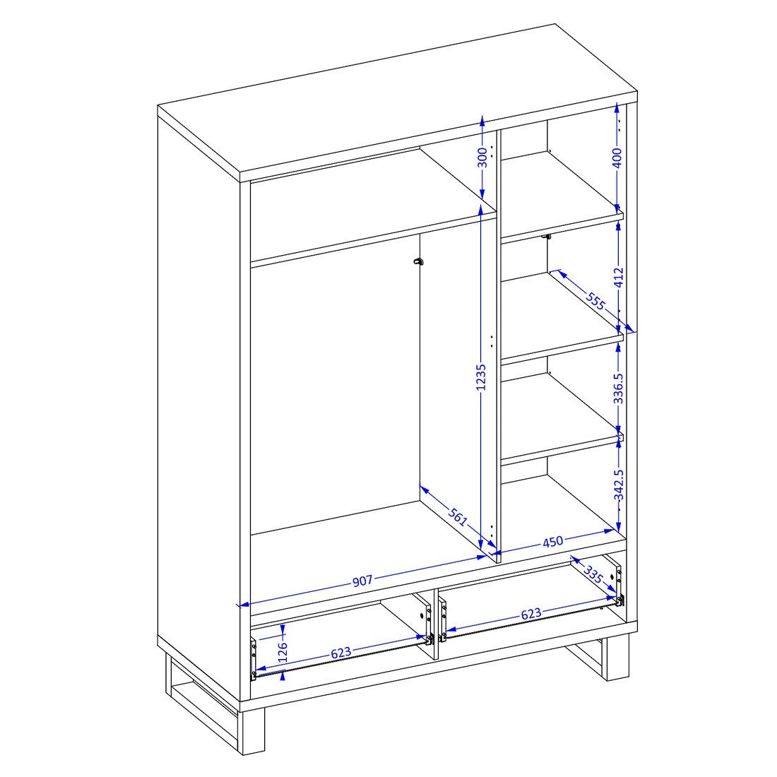 Armadio in legno stile Scandinavo 150cm con 3 porte e 2 cassetti in colore rovere grezzo. Collezione MILOS