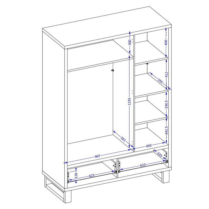 Armadio in legno stile Scandinavo 150cm con 3 porte e 2 cassetti in colore rovere grezzo. Collezione MILOS