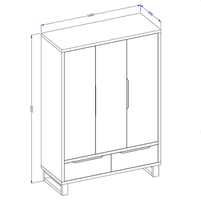 Armadio in legno stile Scandinavo 150cm con 3 porte e 2 cassetti in colore rovere grezzo. Collezione MILOS