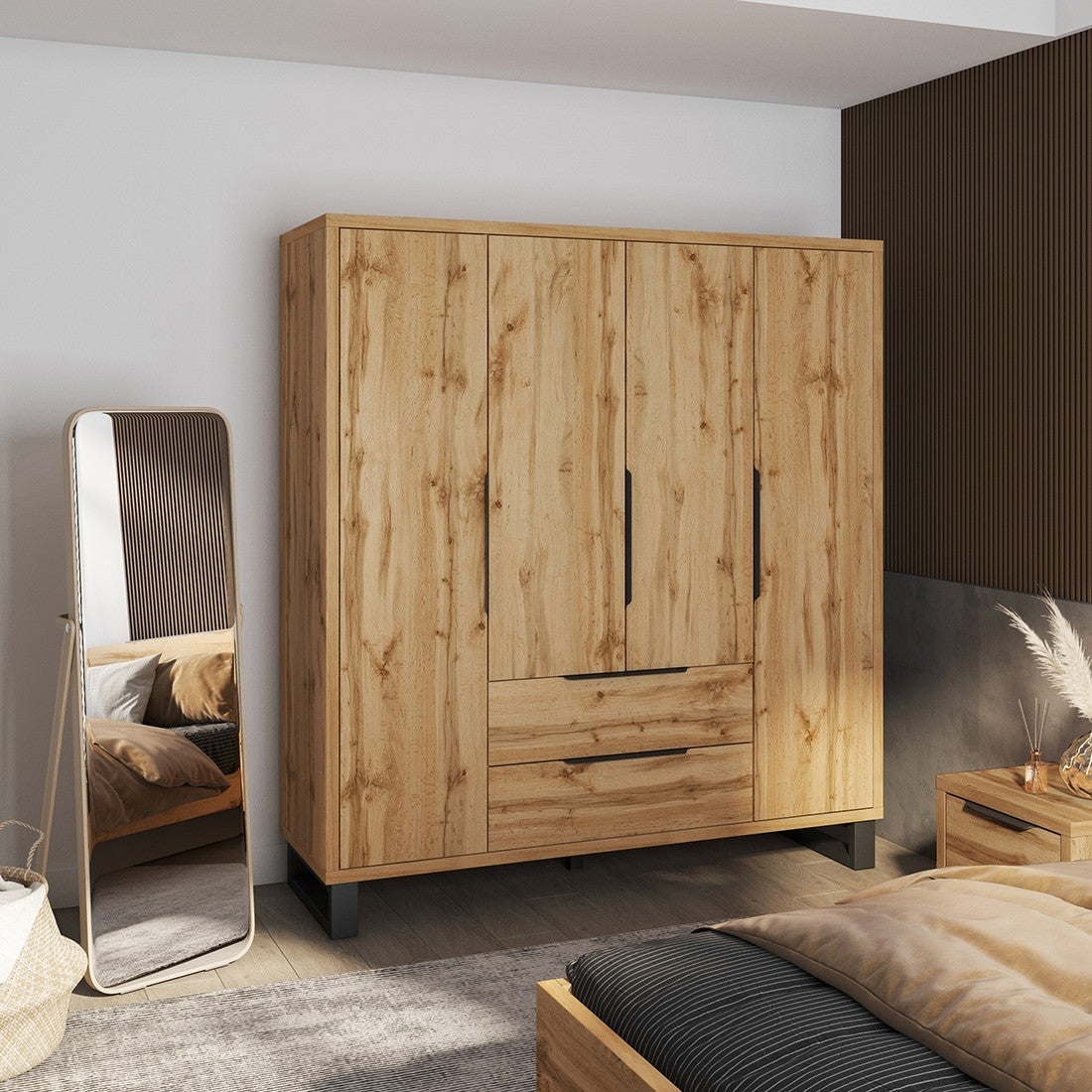 Armadio in legno stile Scandinavo 190cm con 4 porte e 2 cassetti colore rovere grezzo. Collezione MILOS.