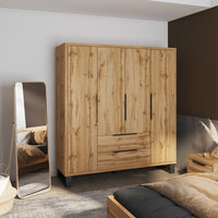 Armadio in legno stile Scandinavo 190cm con 4 porte e 2 cassetti colore rovere grezzo. Collezione MILOS.