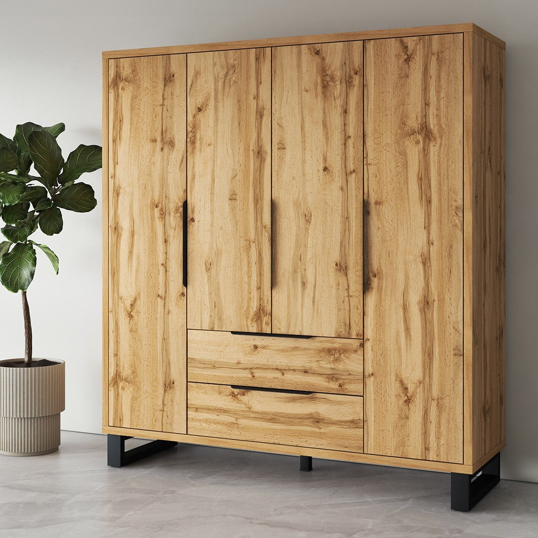 Armadio in legno stile Scandinavo 190cm con 4 porte e 2 cassetti colore rovere grezzo. Collezione MILOS.