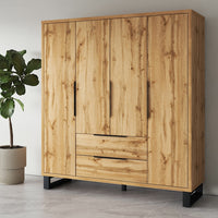 Armadio in legno stile Scandinavo 190cm con 4 porte e 2 cassetti colore rovere grezzo. Collezione MILOS.