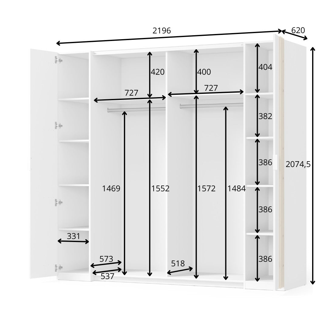 Armadio FLORENCE - Bianco e quercia - 2 porte scorrevoli + 2 a battente - L218 cm - 10 ripiani