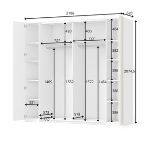 Armadio FLORENCE - Bianco e quercia - 2 porte scorrevoli + 2 a battente - L218 cm - 10 ripiani