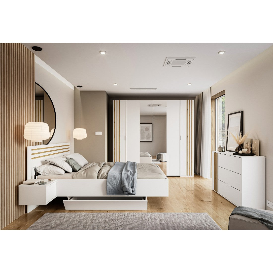 Armadio FLORENCE - Bianco e quercia - 2 porte scorrevoli + 2 a battente - L218 cm - 10 ripiani