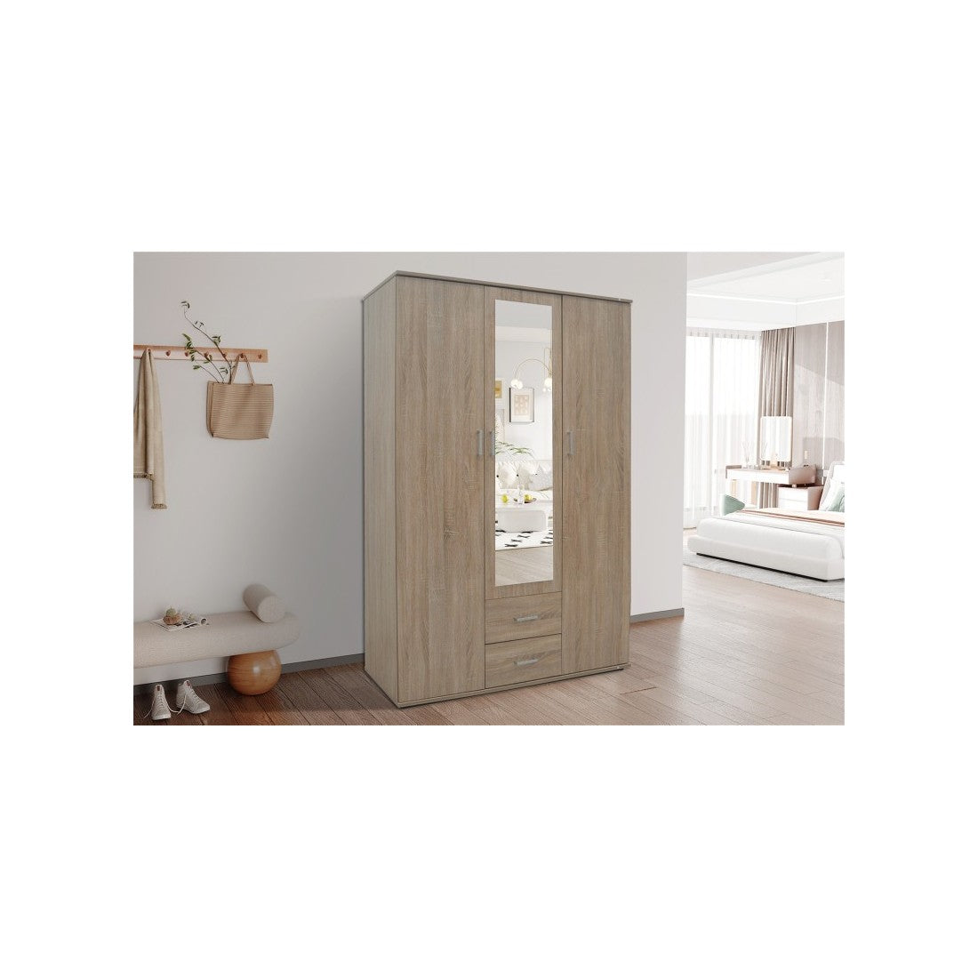 Armadio, guardaroba, con specchio collezione TOM, 3 porte 120 cm, appendiabiti integrato in rovere sonoma