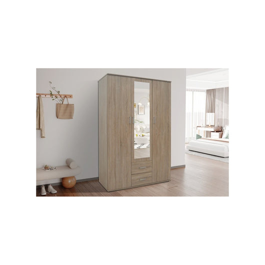 Armadio, guardaroba, con specchio collezione TOM, 3 porte 120 cm, appendiabiti integrato in rovere sonoma