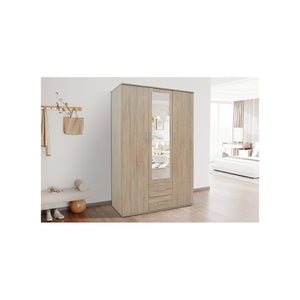 Armadio, guardaroba, con specchio collezione TOM, 3 porte 120 cm, appendiabiti integrato in rovere sonoma