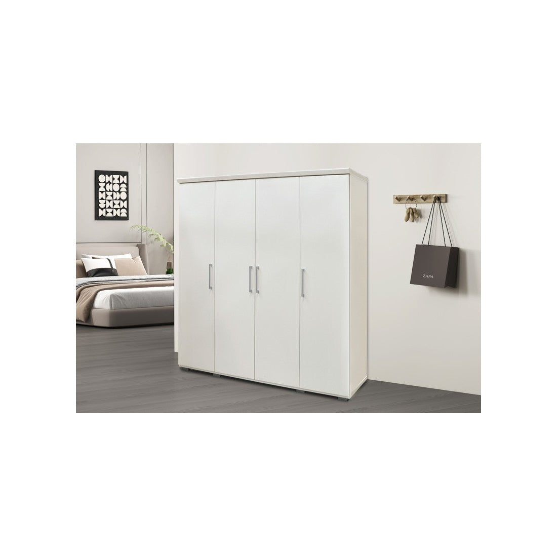 Armadio, guardaroba, collezione TOM, 4 porte 160 cm, appendiabiti integrato colore bianco