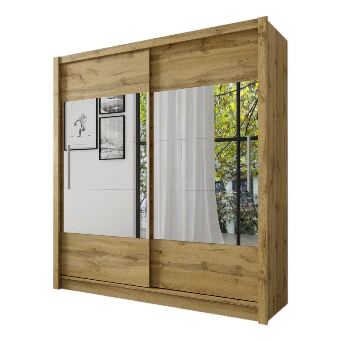 Armadio, guardaroba ROME 180 cm con due porte e specchio, completo di guardaroba con appendiabiti e scaffali, quercia wotan.