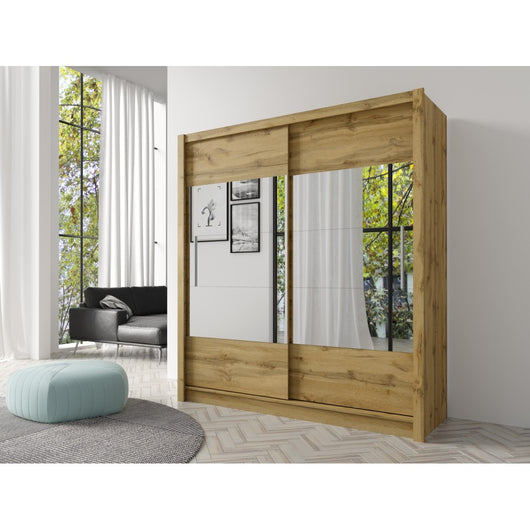 Armadio, guardaroba ROME 180 cm con due porte e specchio, completo di guardaroba con appendiabiti e scaffali, quercia wotan.