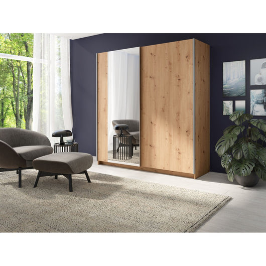 Armadio GOZU 2 porte scorrevoli con specchio - Colore Rovere Artigiano - 180 x 198 x 62 cm