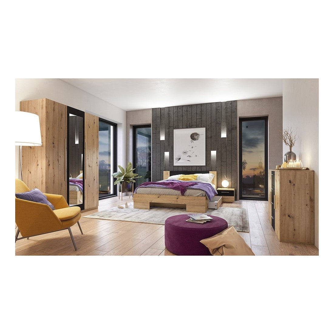 Armadio IRINA 4 porte con specchi - rovere e nero - 228 x 57 x 214 cm