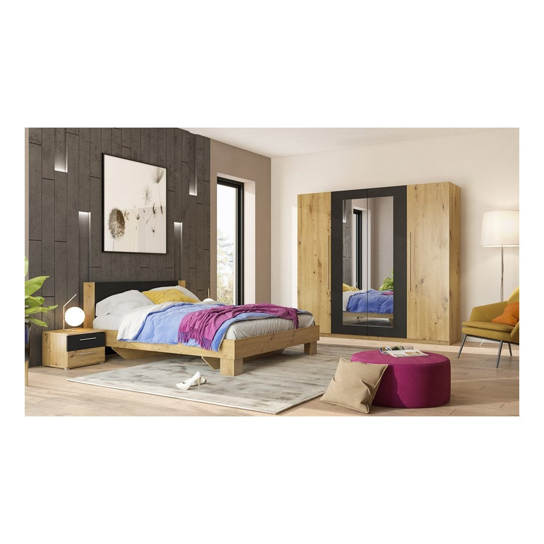 Armadio IRINA 4 porte con specchi - rovere e nero - 228 x 57 x 214 cm